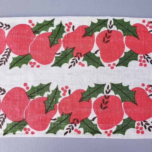 Vintage 1950s Mid Century Linen Table Runner Apples & Holly - Picture 3 of 5